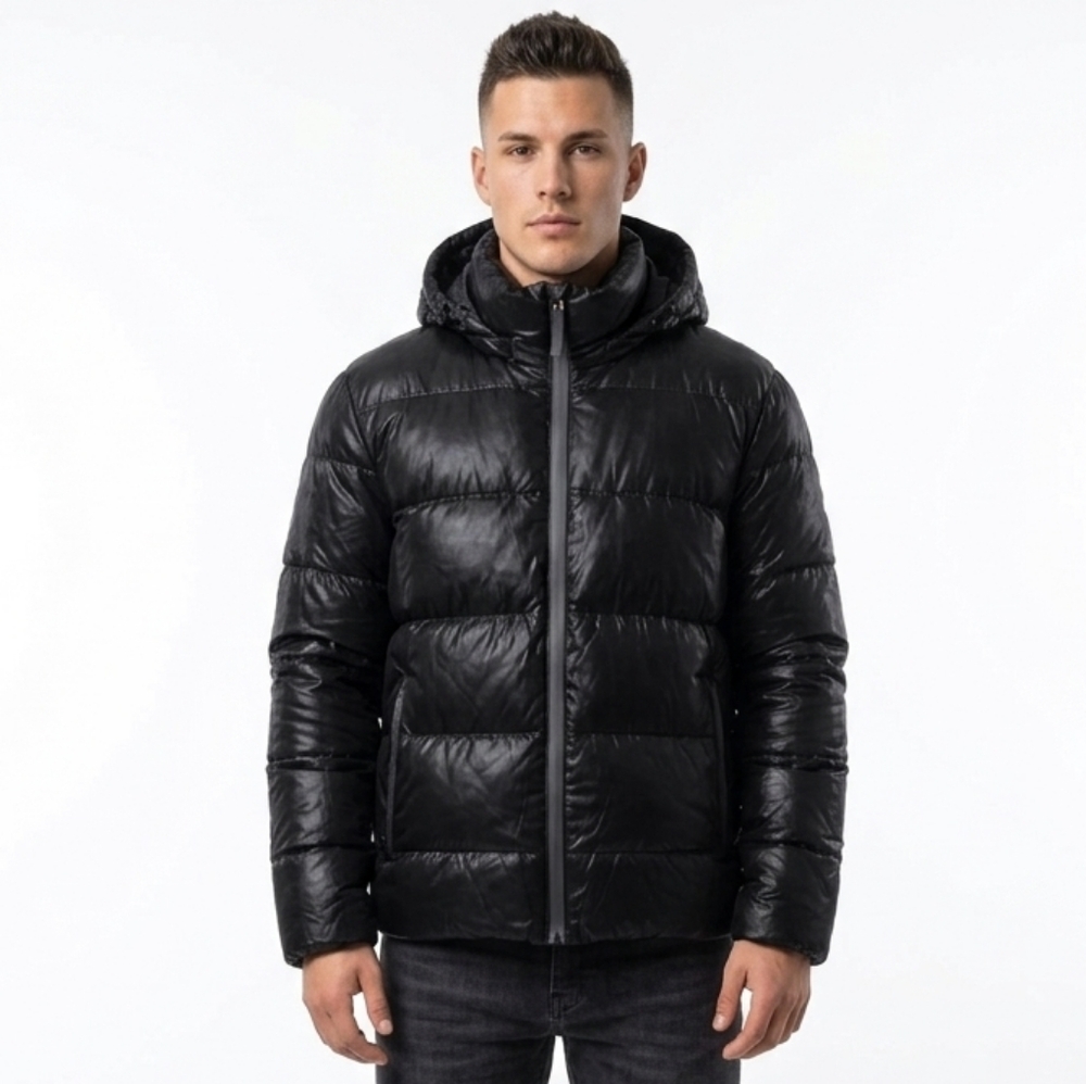 Baerskin Mens Large Black Winter Jacket Zip Puffer Duck Down Coat Removable Hood